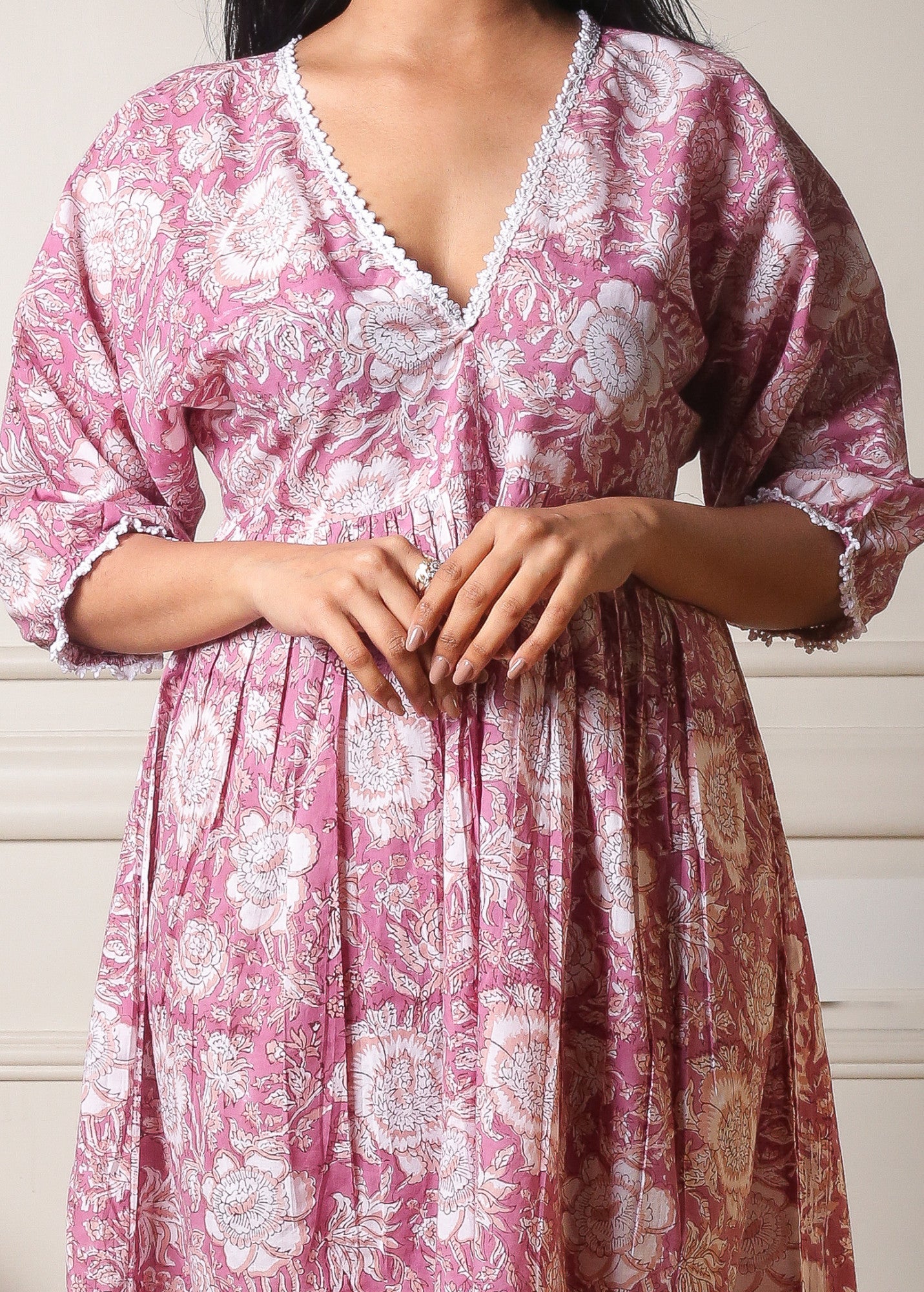 Rosewood Charm Handblock Printed Pink Floral Dress