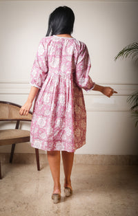 Rosewood Charm Handblock Printed Pink Floral Dress