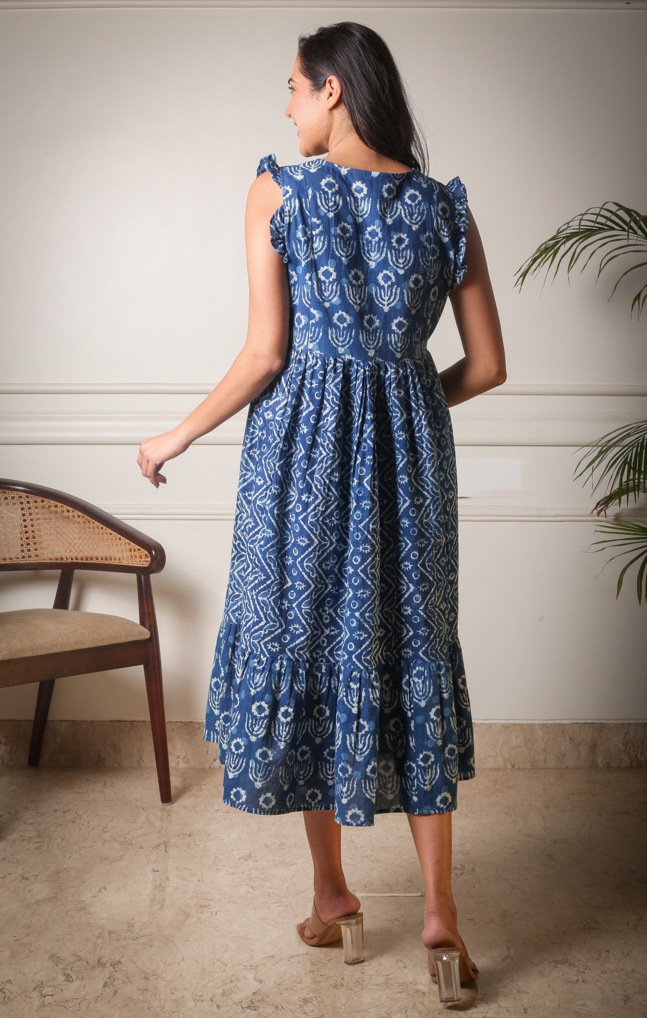 Indigo Breeze Ruffle Handblock Printed Cotton Dress