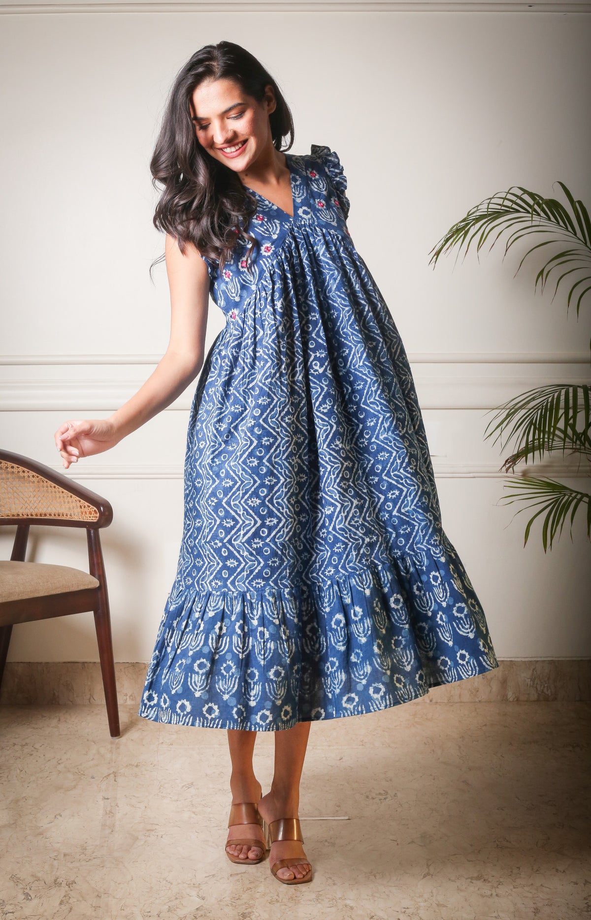 Indigo Breeze Ruffle Handblock Printed Cotton Dress