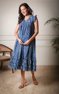 Indigo Breeze Ruffle Handblock Printed Cotton Dress