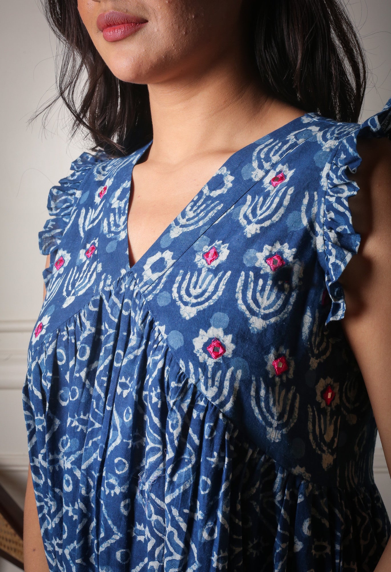 Indigo Breeze Ruffle Handblock Printed Cotton Dress