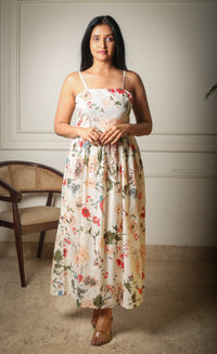 Wild Blossom Printed Off White Back Slit Dress