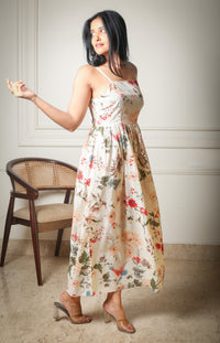 Wild Blossom Printed Off White Back Slit Dress