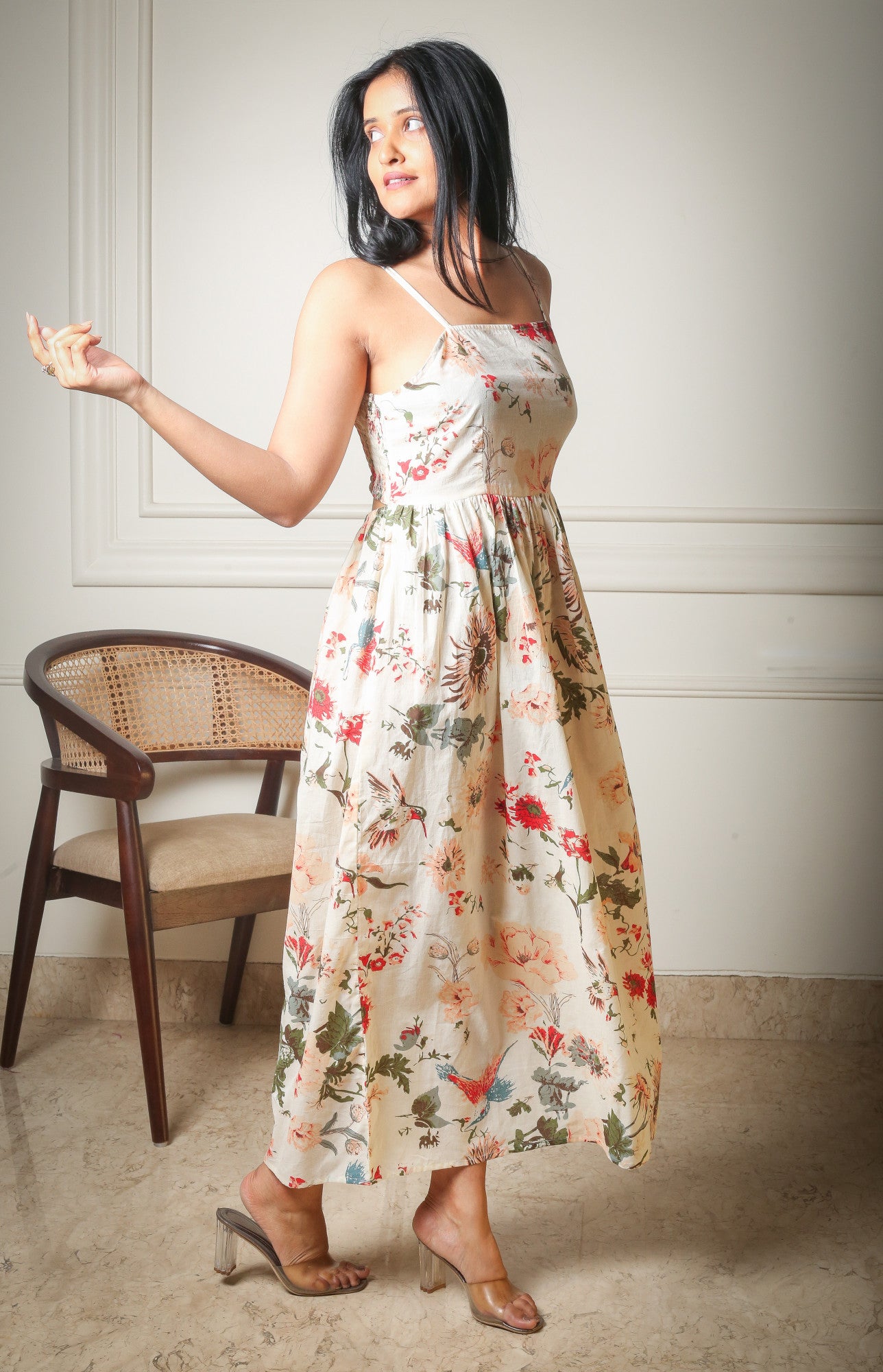 Wild Blossom Printed Off White Back Slit Dress
