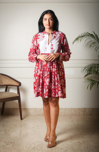 Scarlet Bloom Flared Handblock Printed Red Mini Dress