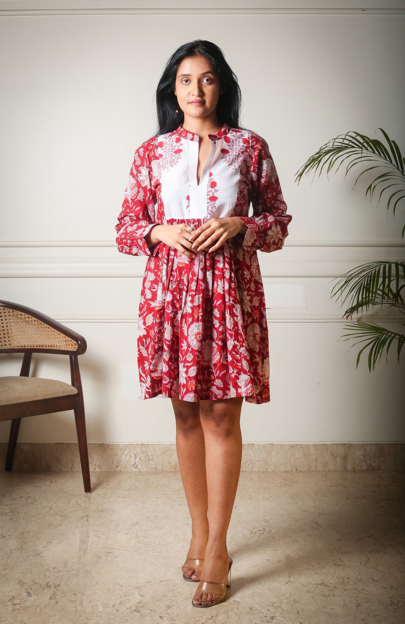 Scarlet Bloom Flared Handblock Printed Red Mini Dress
