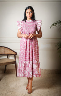 Gulabi Ruffle Frill Sleeve Floral Handblock Printed Cotton Dress