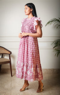 Gulabi Ruffle Frill Sleeve Floral Handblock Printed Cotton Dress