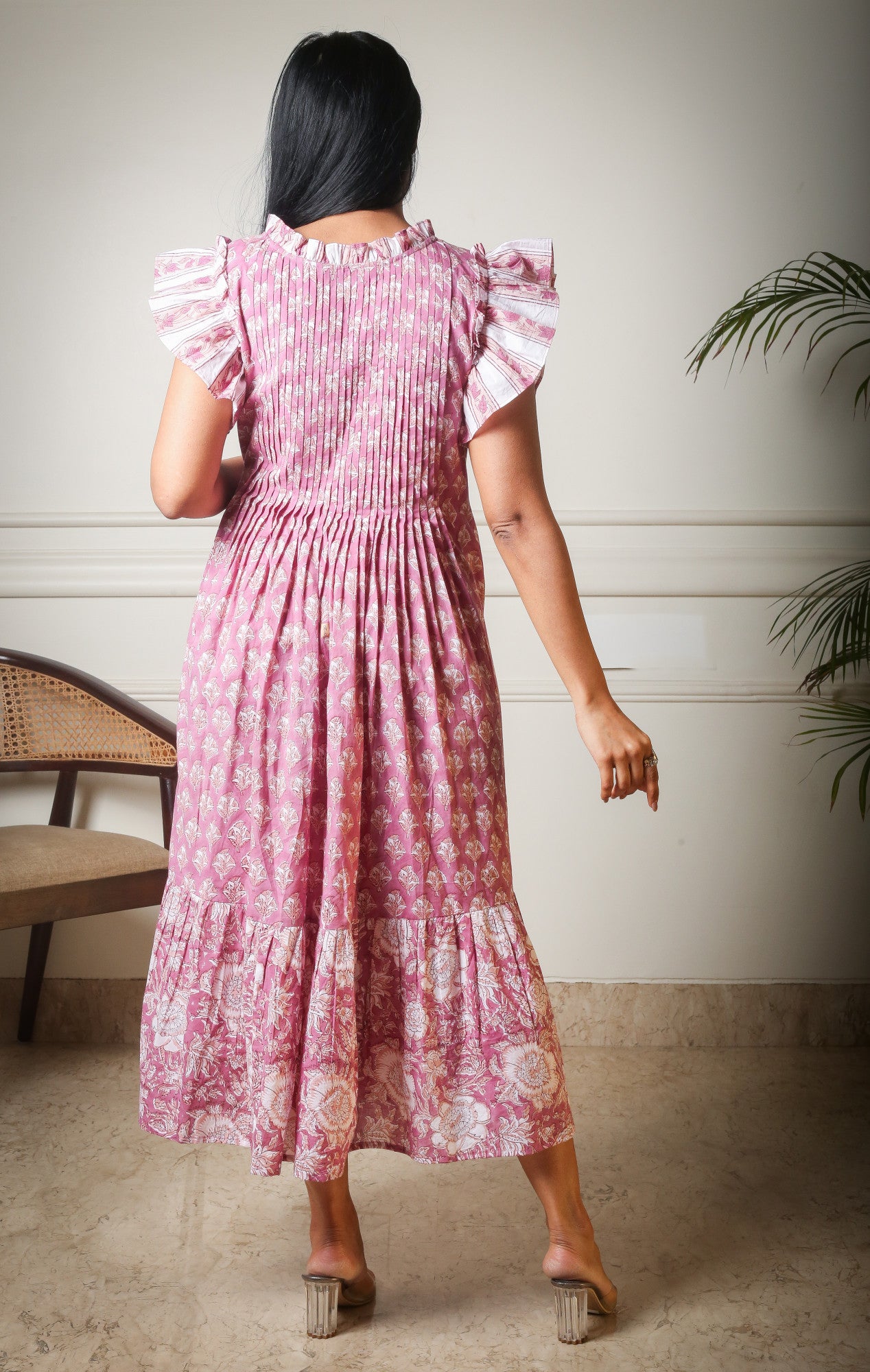Gulabi Ruffle Frill Sleeve Floral Handblock Printed Cotton Dress