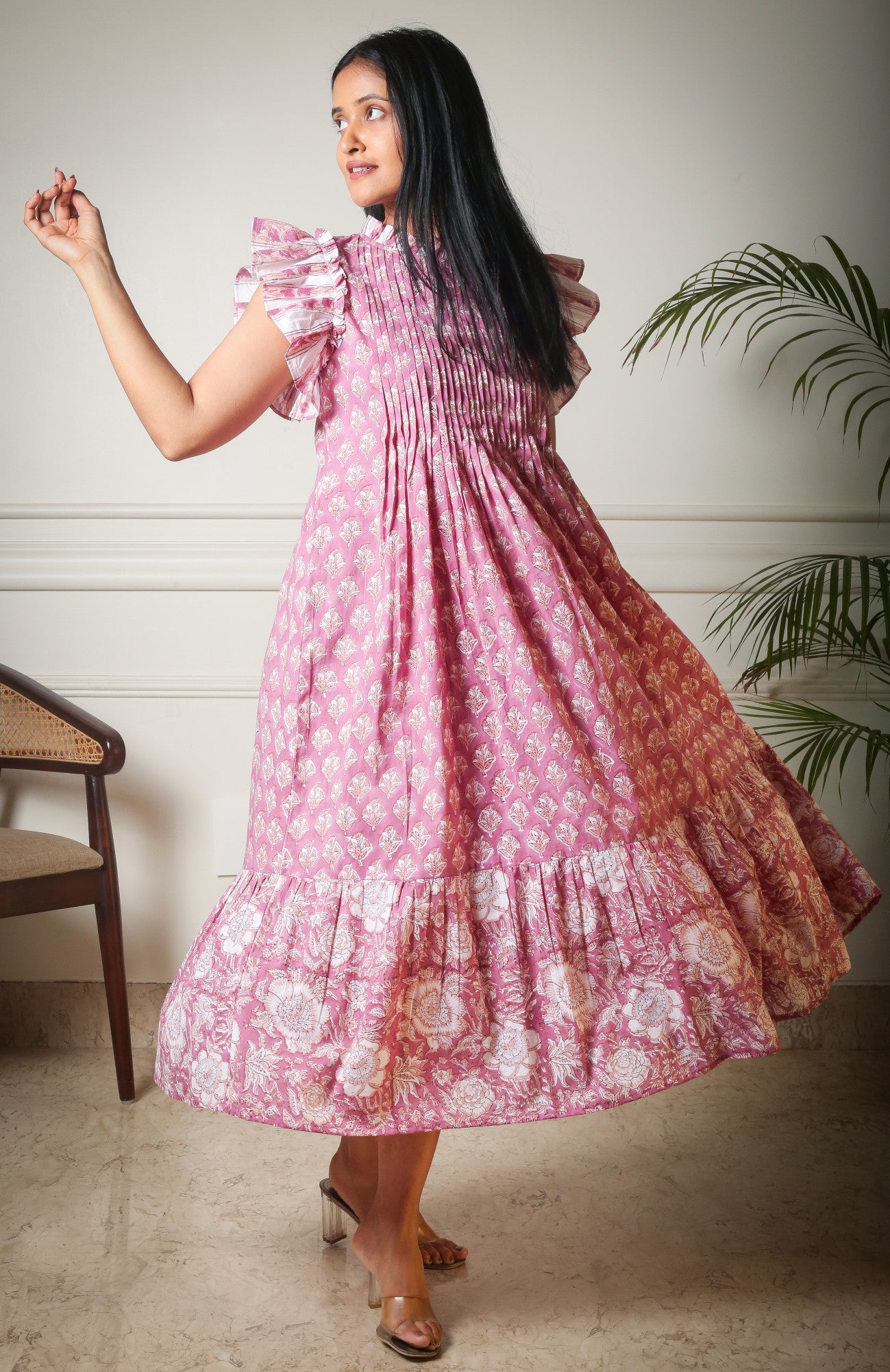 Gulabi Ruffle Frill Sleeve Floral Handblock Printed Cotton Dress