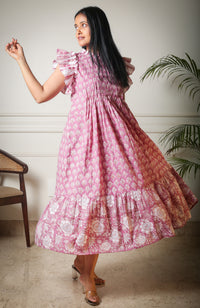 Gulabi Ruffle Frill Sleeve Floral Handblock Printed Cotton Dress