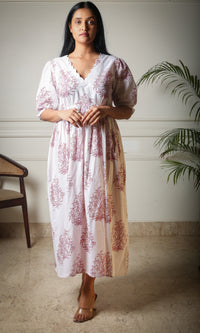 Pearl Whisper Handblock Printed Midi Length Dress