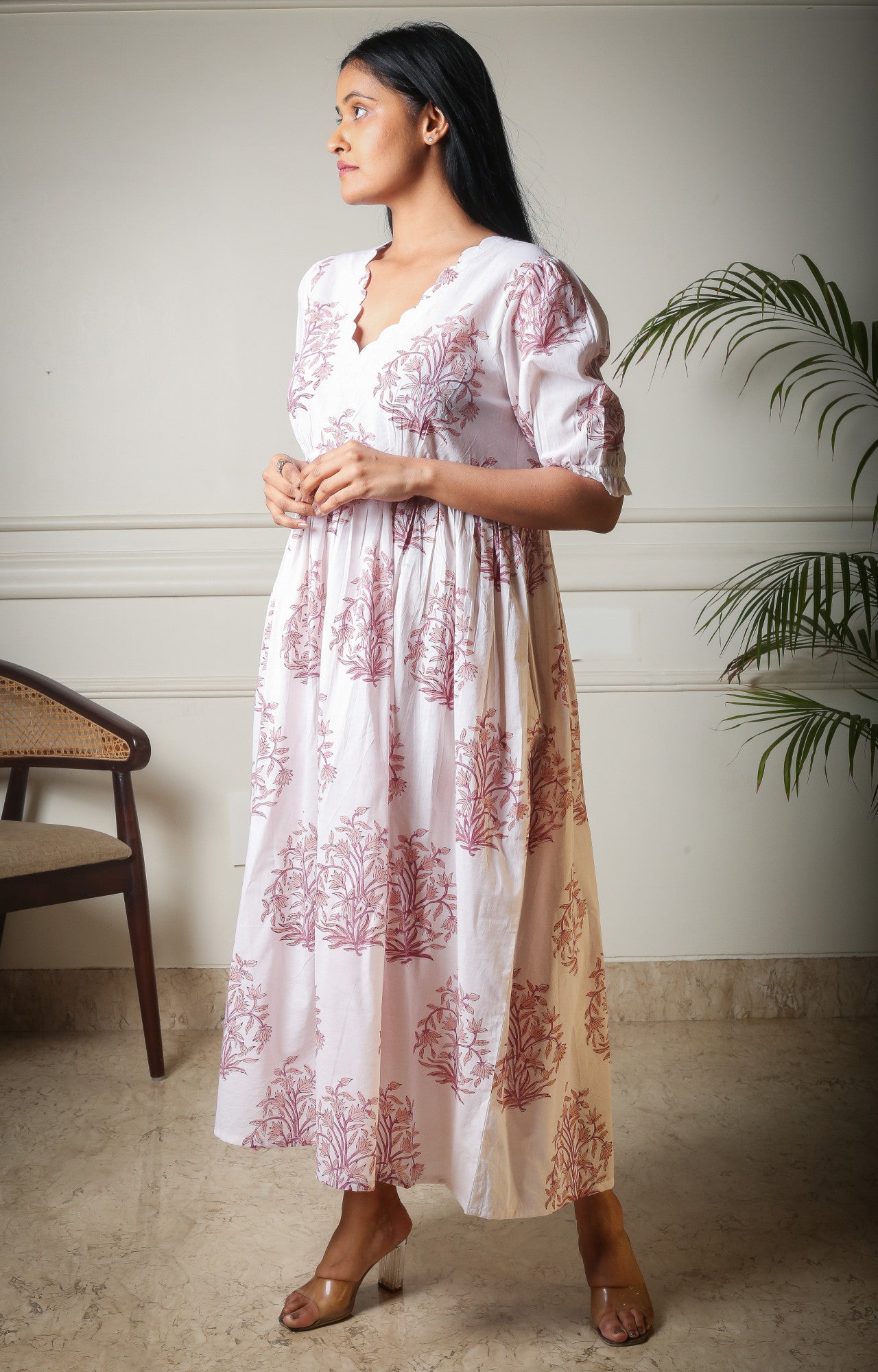 Pearl Whisper Handblock Printed Midi Length Dress