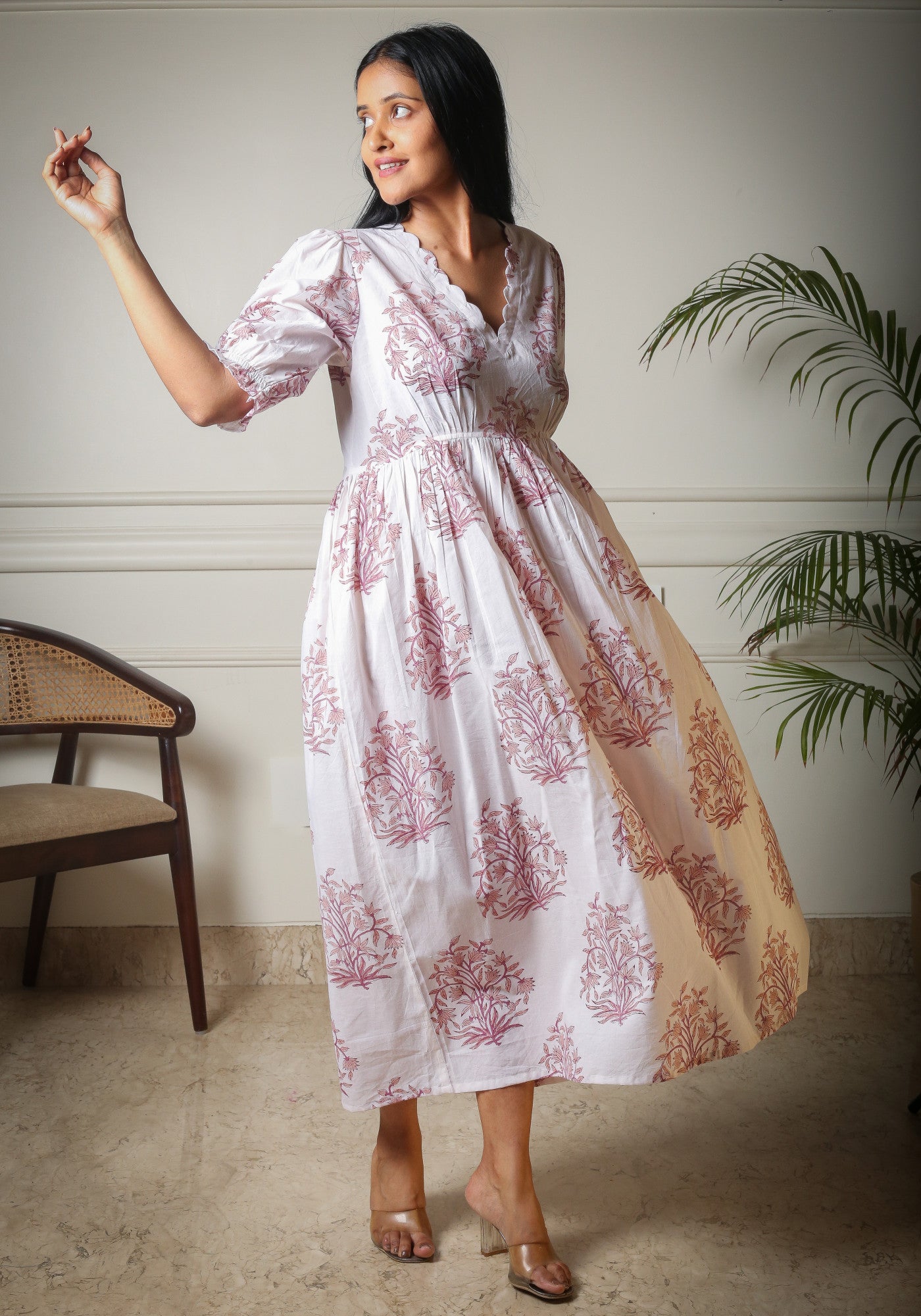 Pearl Whisper Handblock Printed Midi Length Dress