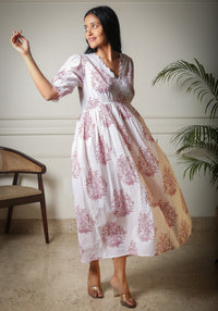Pearl Whisper Handblock Printed Midi Length Dress
