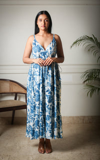 Azure Bloom Floral Printed Long Dress