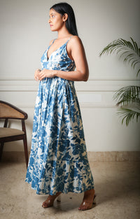 Azure Bloom Floral Printed Long Dress