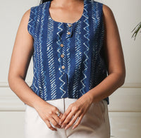 Indigo Essence Button-Down Sleeveless  Handblock Printed Top