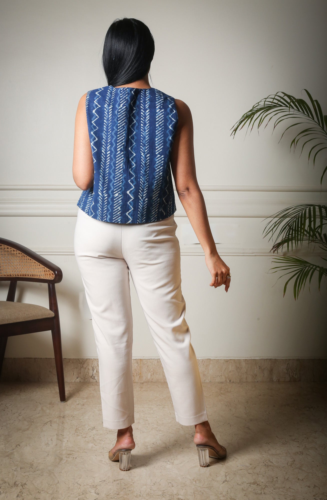 Indigo Essence Button-Down Sleeveless  Handblock Printed Top