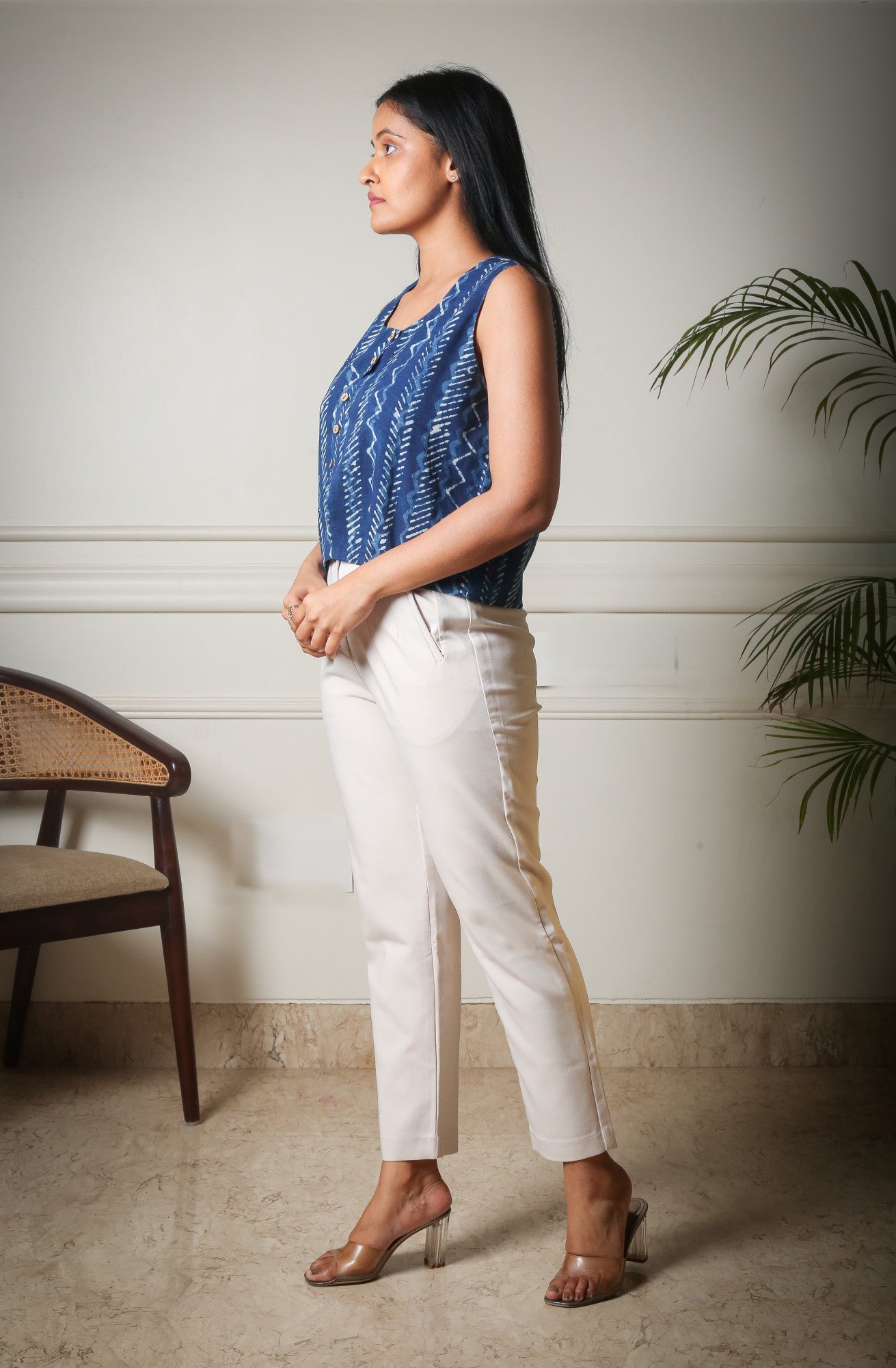Indigo Essence Button-Down Sleeveless  Handblock Printed Top
