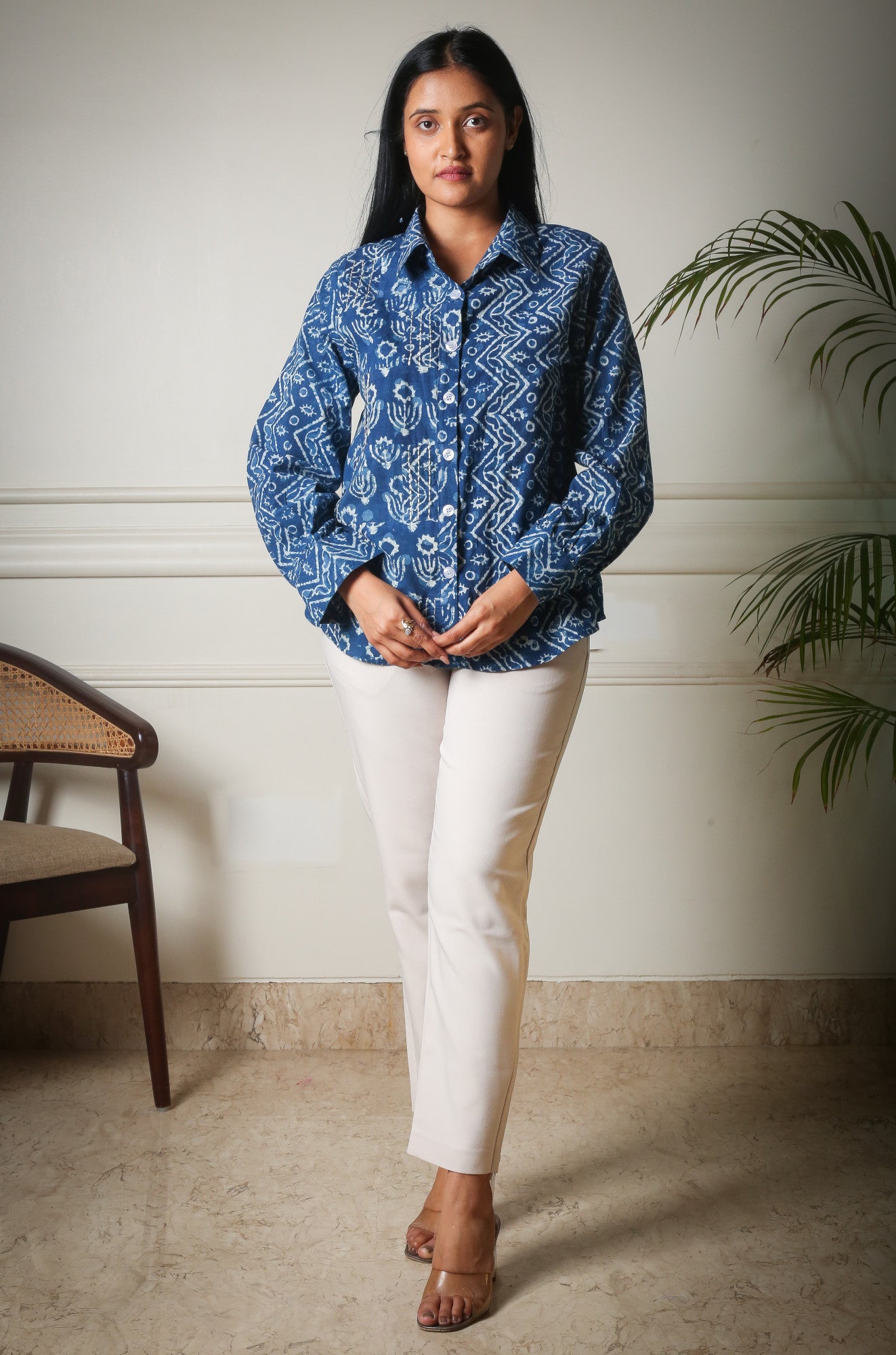 Midnight Indigo Patchwork Handblock Cotton Shirt