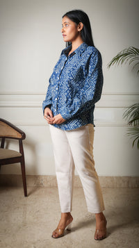 Midnight Indigo Patchwork Handblock Cotton Shirt