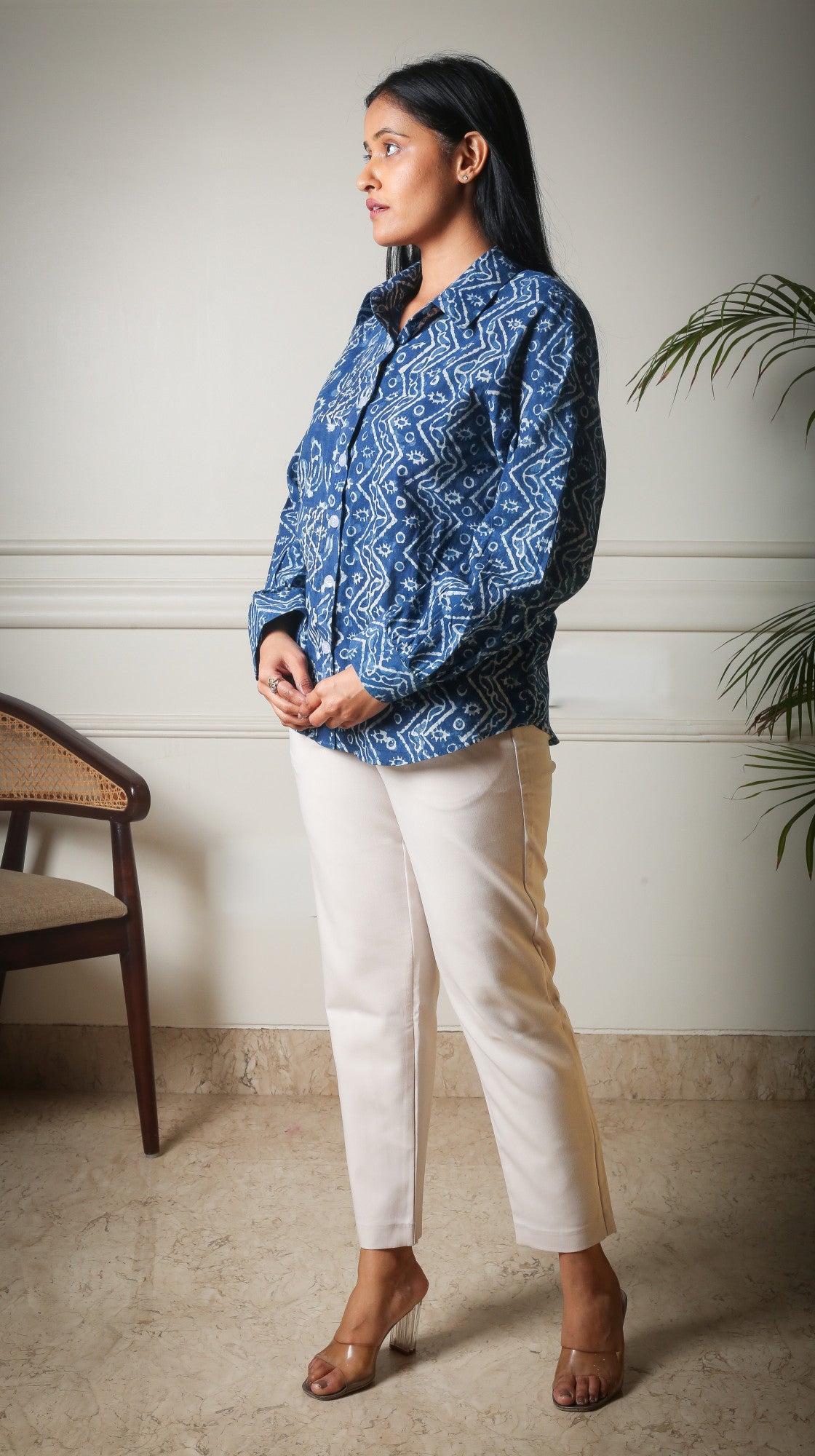 Midnight Indigo Patchwork Handblock Cotton Shirt
