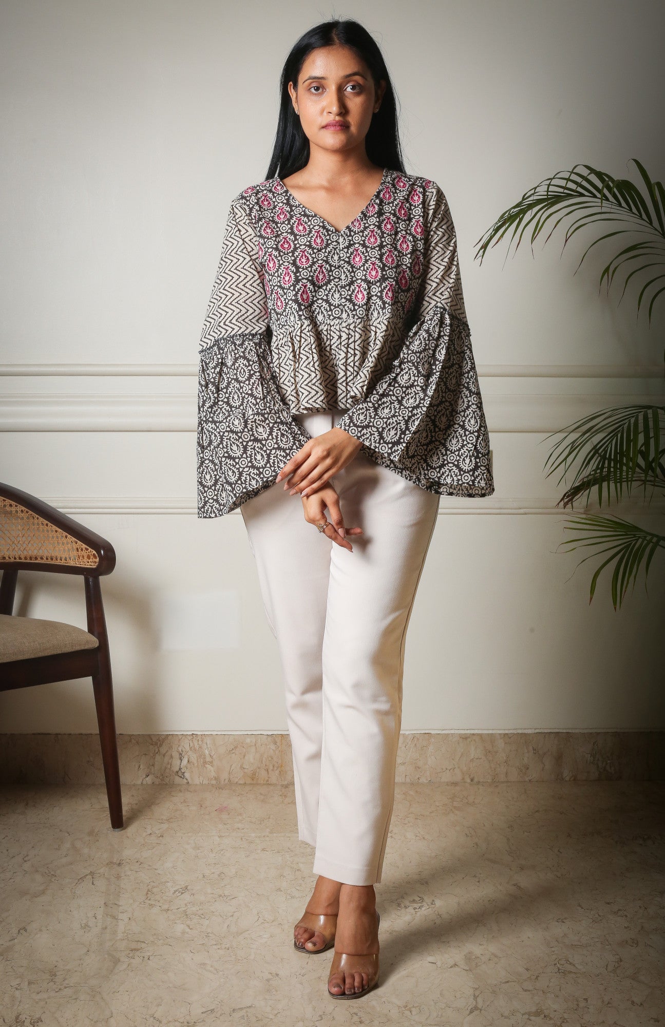 Bohemian Bliss Embroidered Handblock Printed Flared Sleeve Top