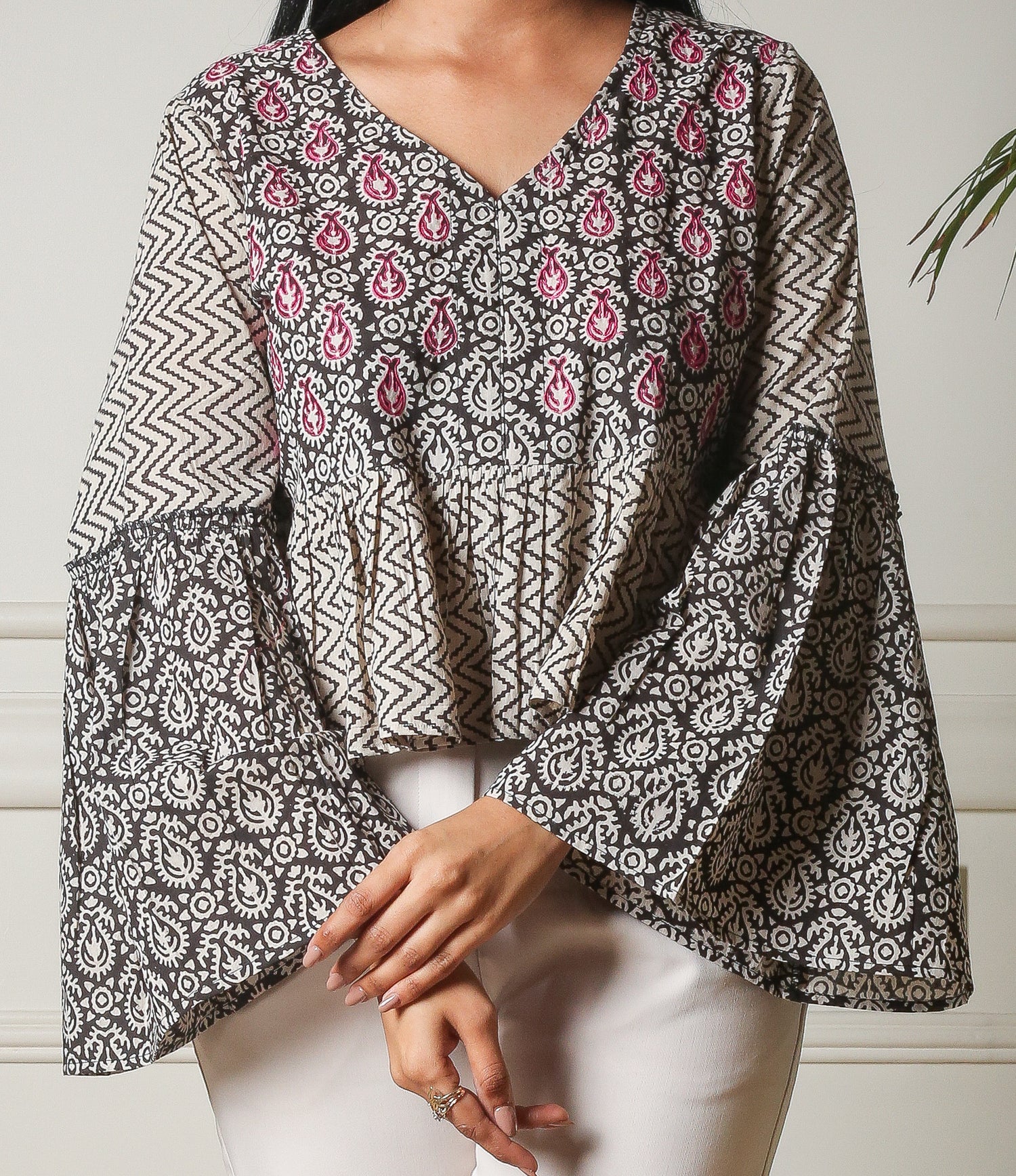 Bohemian Bliss Embroidered Handblock Printed Flared Sleeve Top