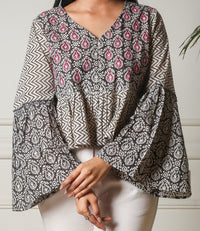 Bohemian Bliss Embroidered Handblock Printed Flared Sleeve Top