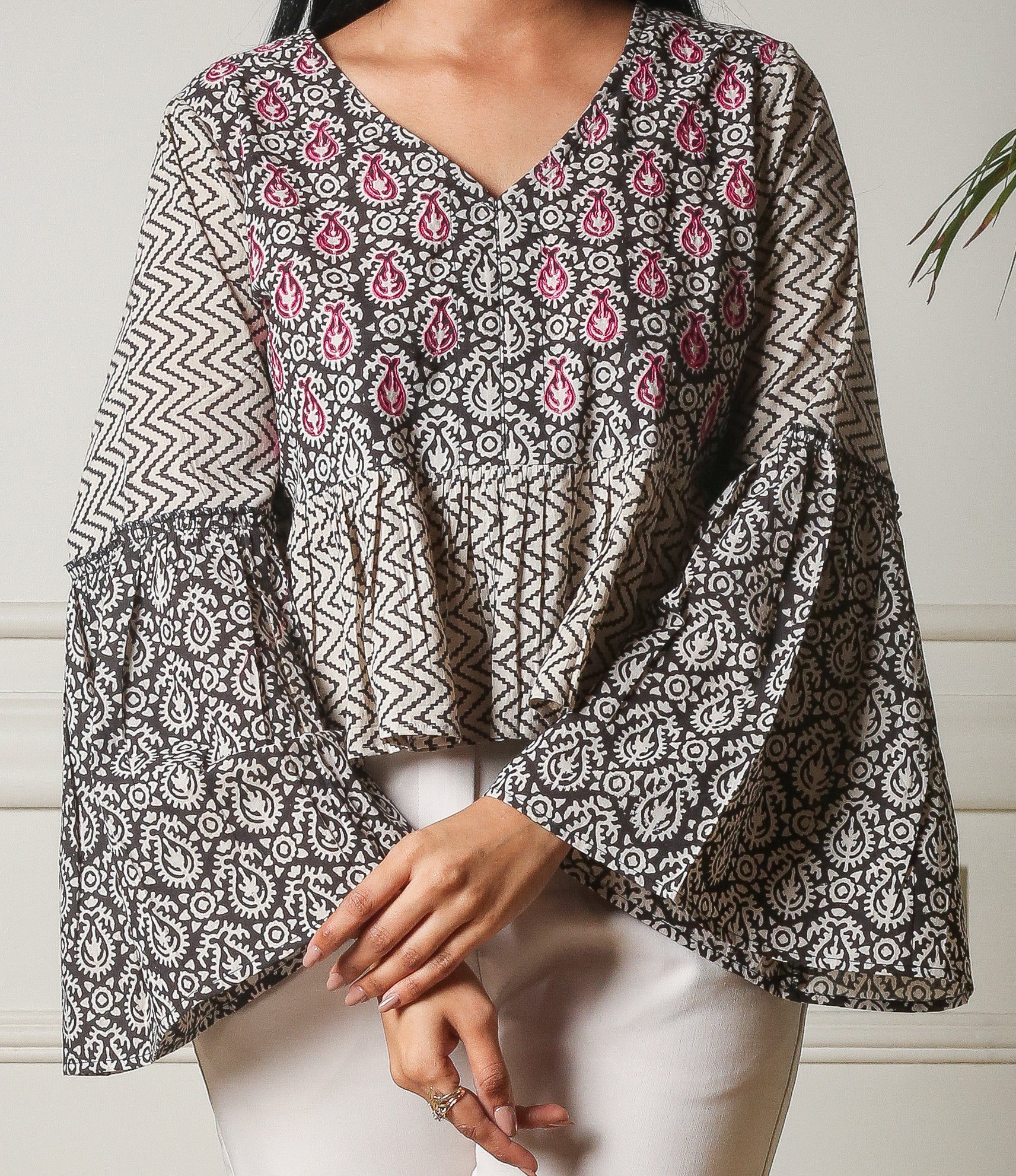 Bohemian Bliss Embroidered Handblock Printed Flared Sleeve Top