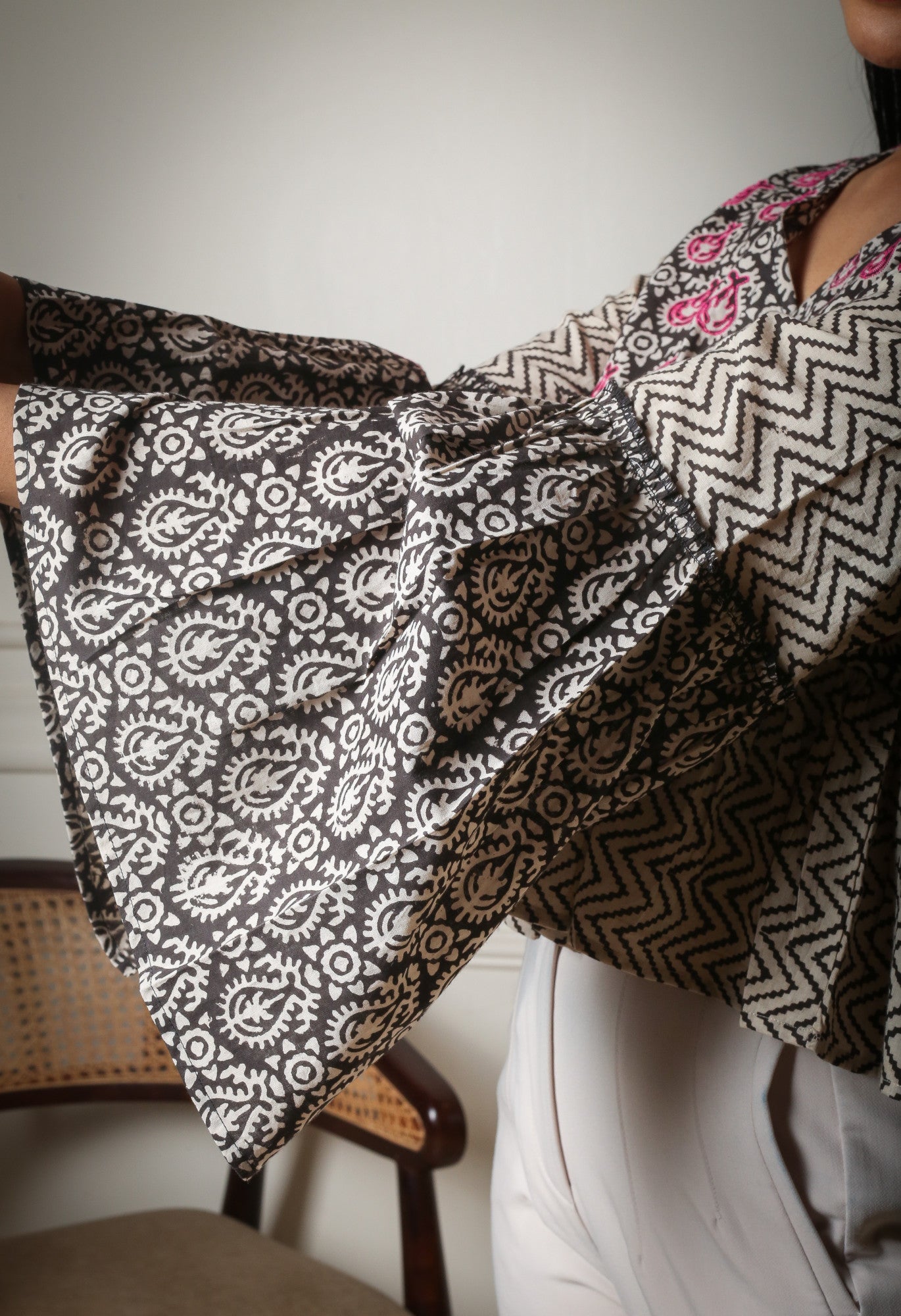 Bohemian Bliss Embroidered Handblock Printed Flared Sleeve Top