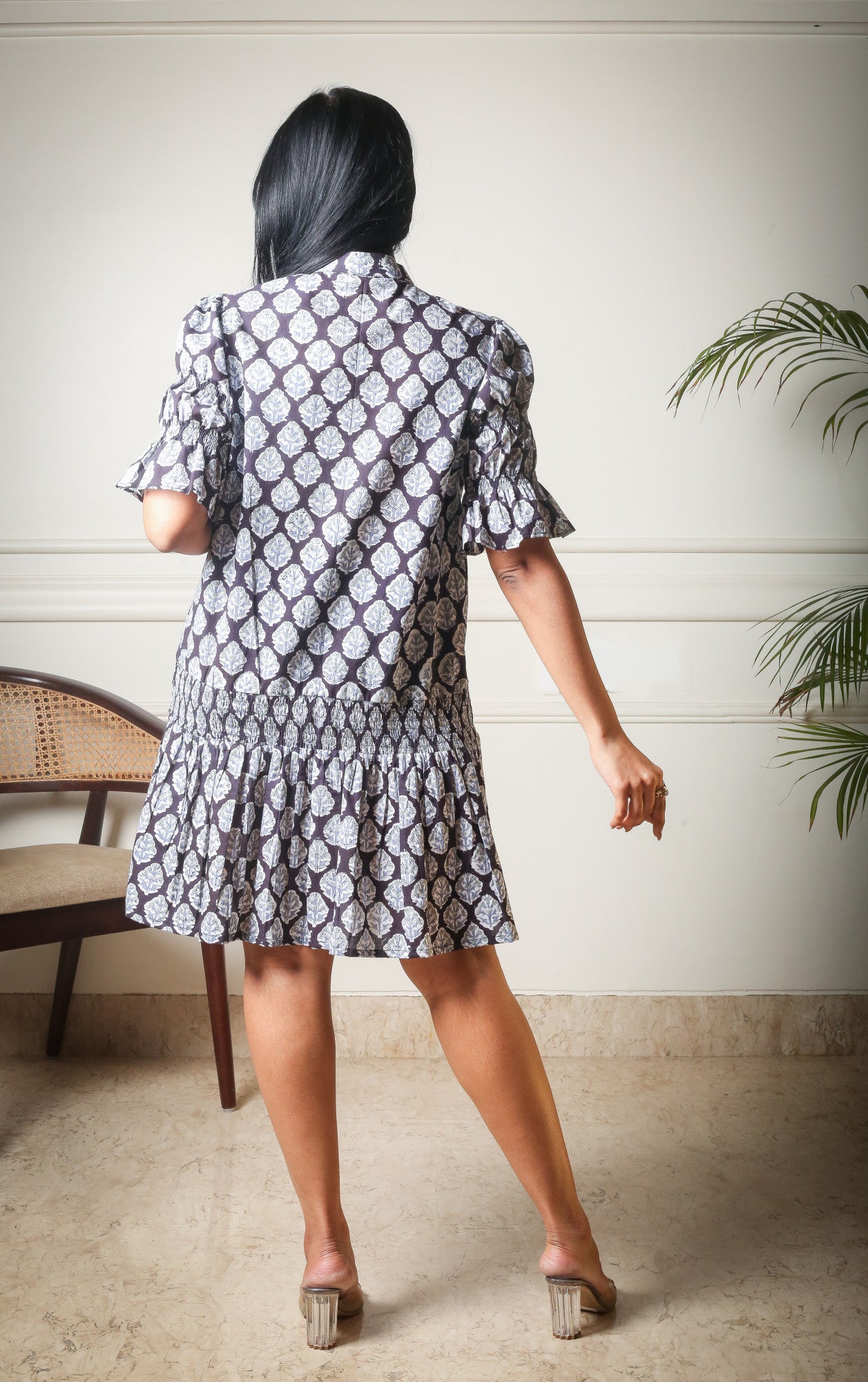 Midnight Bloom Block Printed Ruffle Dress