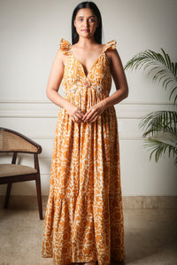 Golden Bloom Handblock Printed Floral Maxi Long Dress