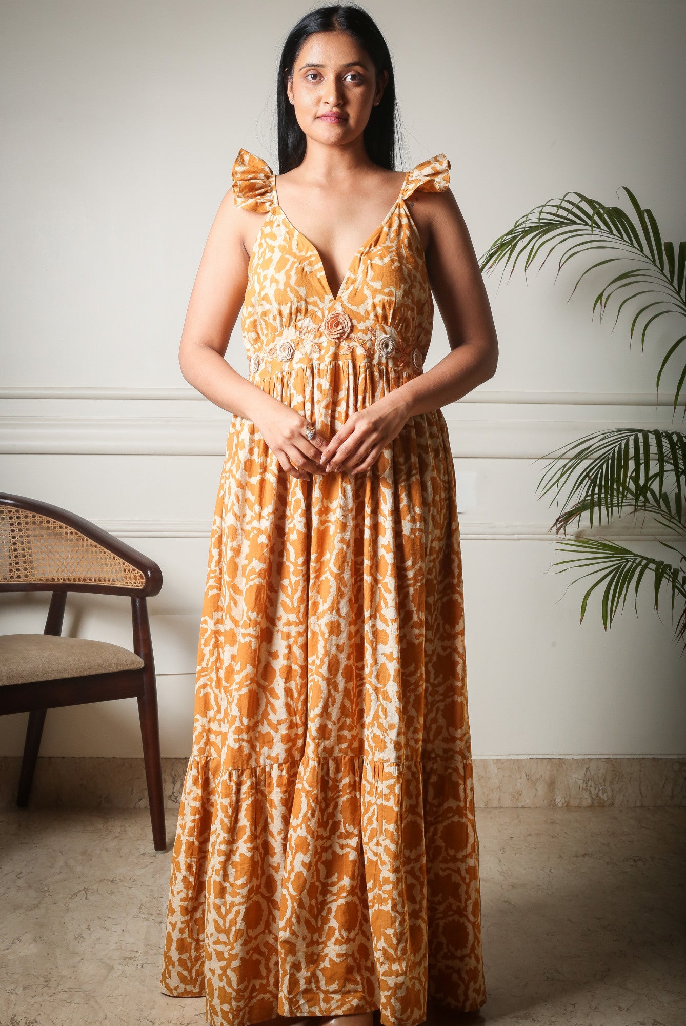 Golden Bloom Handblock Printed Floral Maxi Long Dress