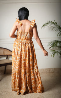 Golden Bloom Handblock Printed Floral Maxi Long Dress