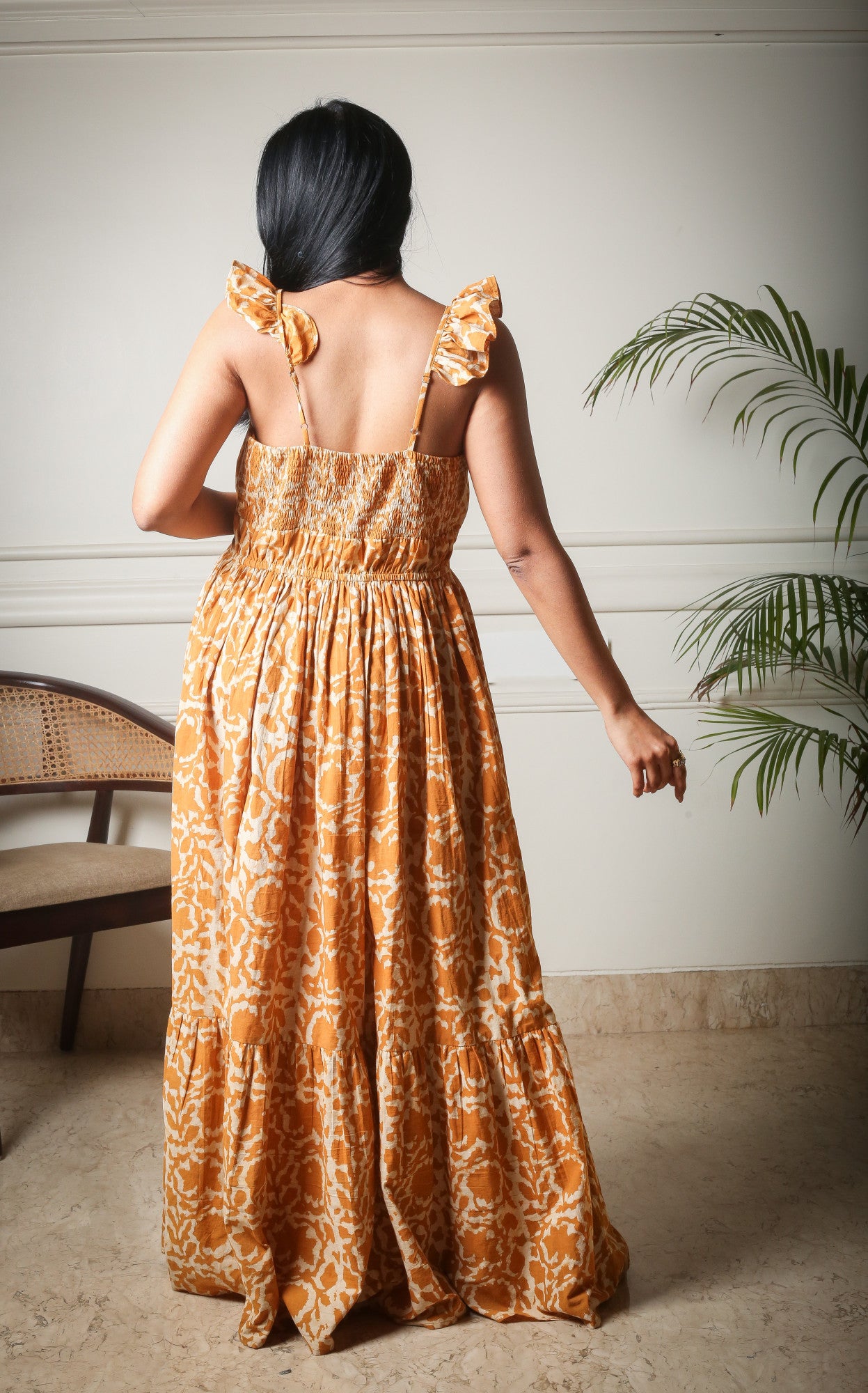 Golden Bloom Handblock Printed Floral Maxi Long Dress