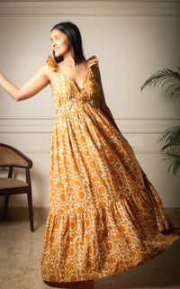Golden Bloom Handblock Printed Floral Maxi Long Dress