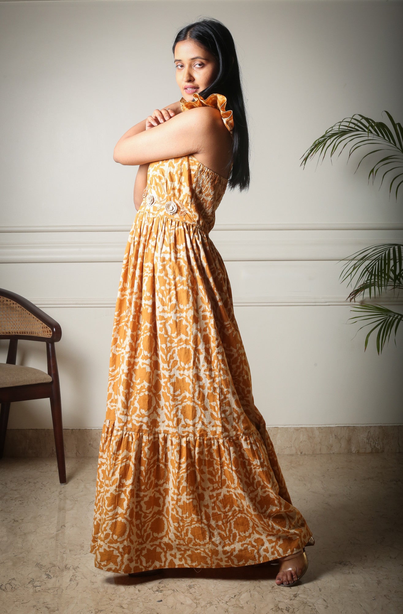 Golden Bloom Handblock Printed Floral Maxi Long Dress
