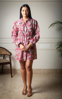 Wild Blossom Handblock Floral Printed Cotton Mini Shirt Dress