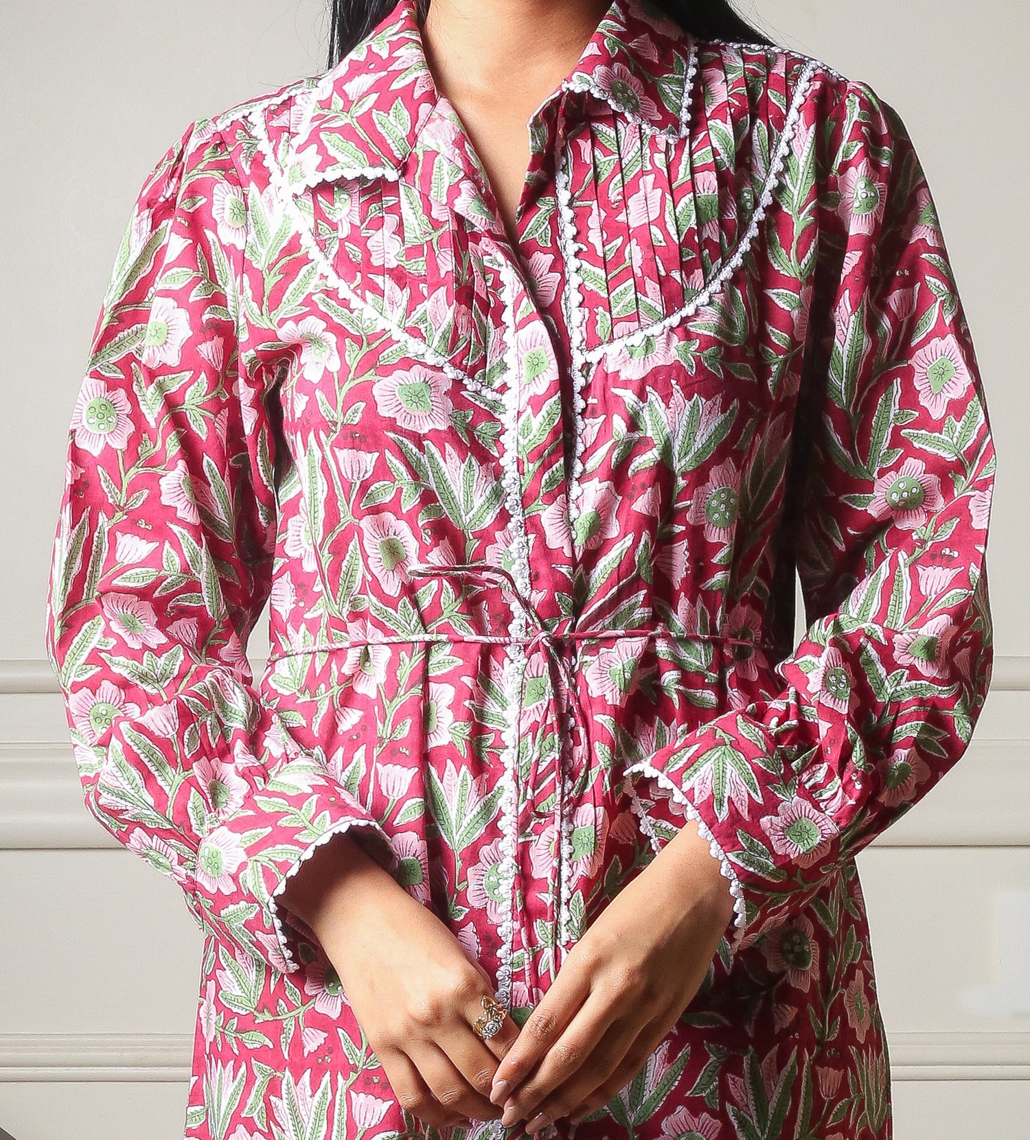 Wild Blossom Handblock Floral Printed Cotton Mini Shirt Dress