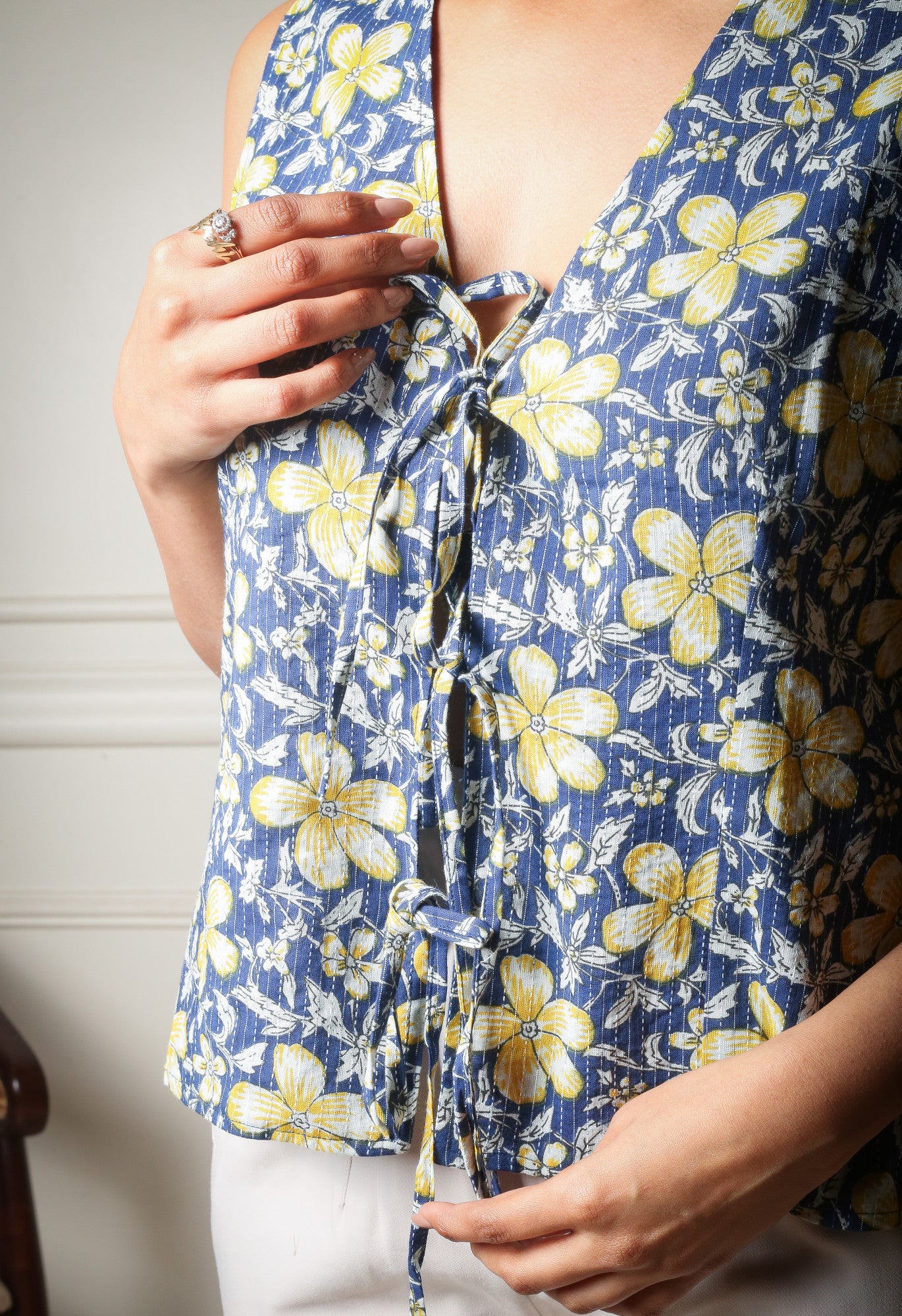 Sunlit Breeze Cotton Floral Printed Front- Tie Top