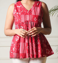 Scarlet Melody Peplum Red Printed Cotton Top