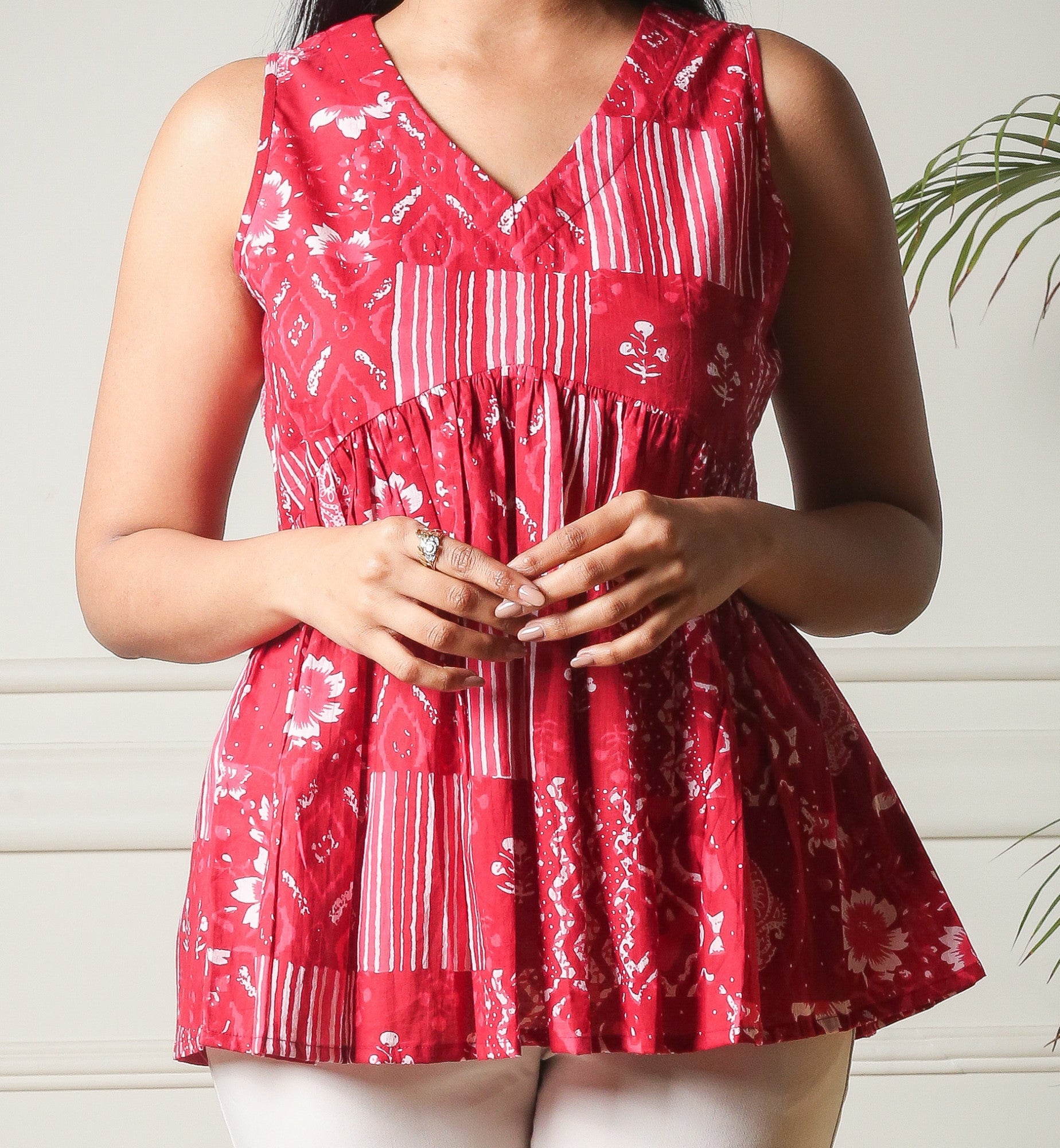 Scarlet Melody Peplum Red Printed Cotton Top