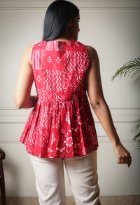 Scarlet Melody Peplum Red Printed Cotton Top