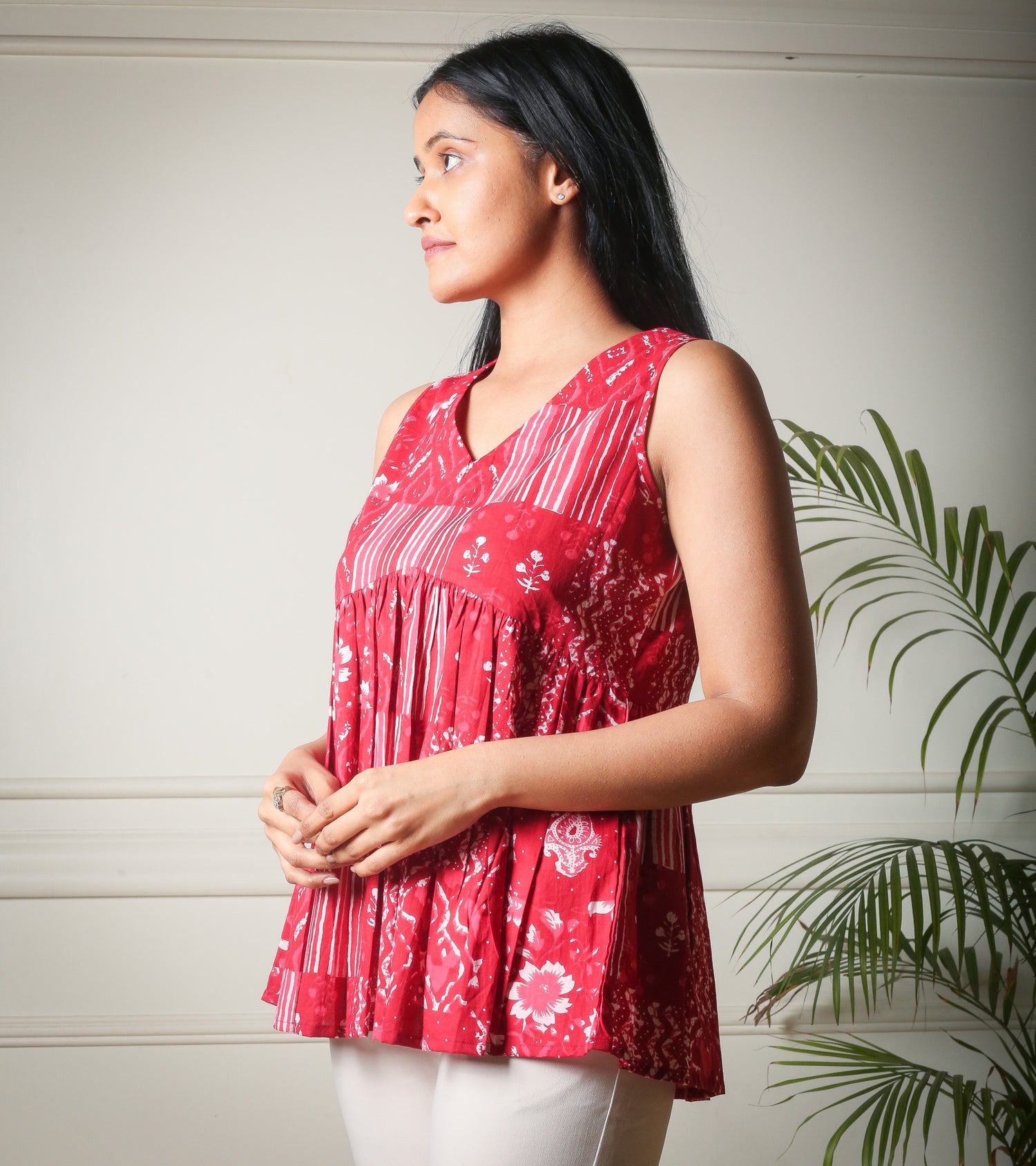 Scarlet Melody Peplum Red Printed Cotton Top
