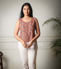 Terracotta Bloom Buttoned Printed Floral Kantha Top