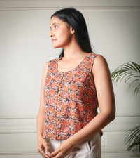 Terracotta Bloom Buttoned Printed Floral Kantha Top