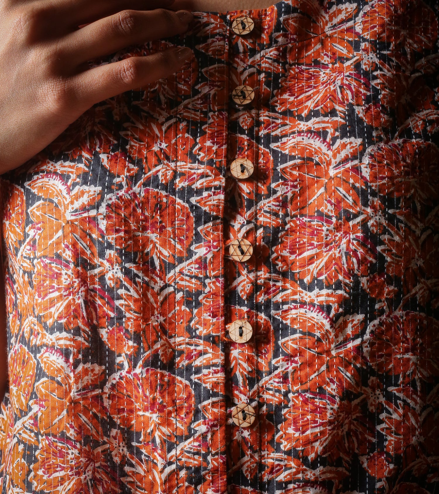 Terracotta Bloom Buttoned Printed Floral Kantha Top